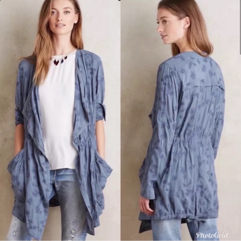 Anthropologie Blue Floral Drape Cardigan